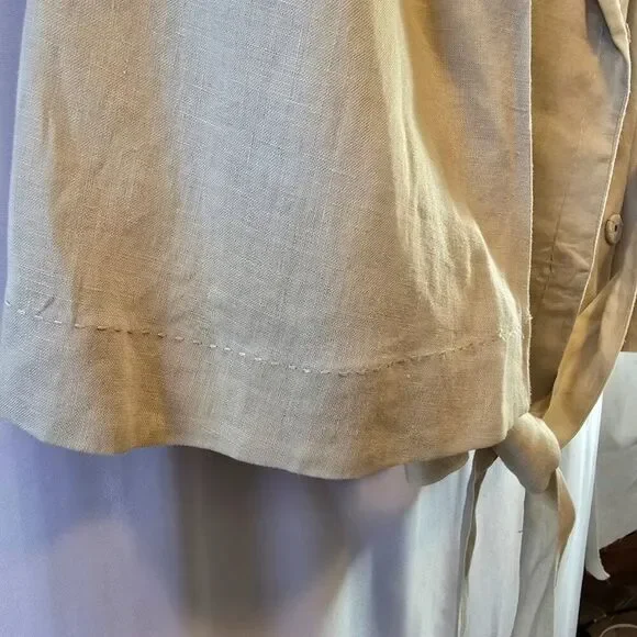 LINEN TOP WRAP JACKET TAN 3/4 SLEEVE SIZE MEDIUM LARGE VNECK COVERED FRONT SNAPS - Picture 4 of 8